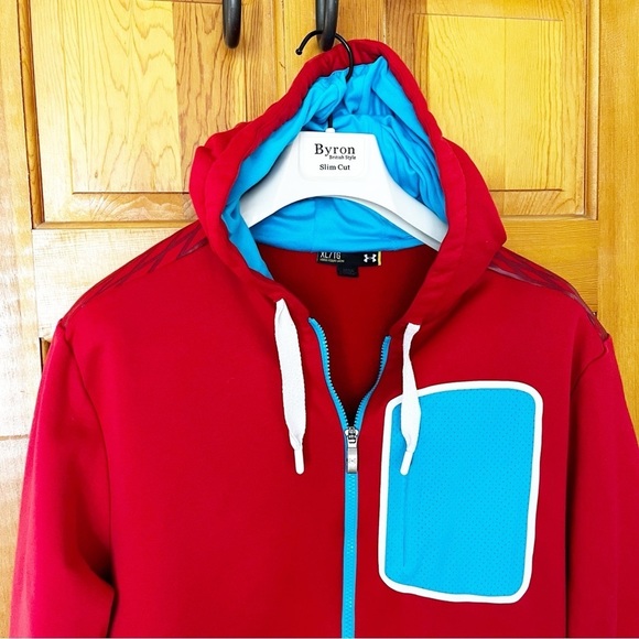 Under Armour Mens Red Hoodie Sz XL Vented Light Blue Pockets Athletic Full Zip - Picture 2 of 8
